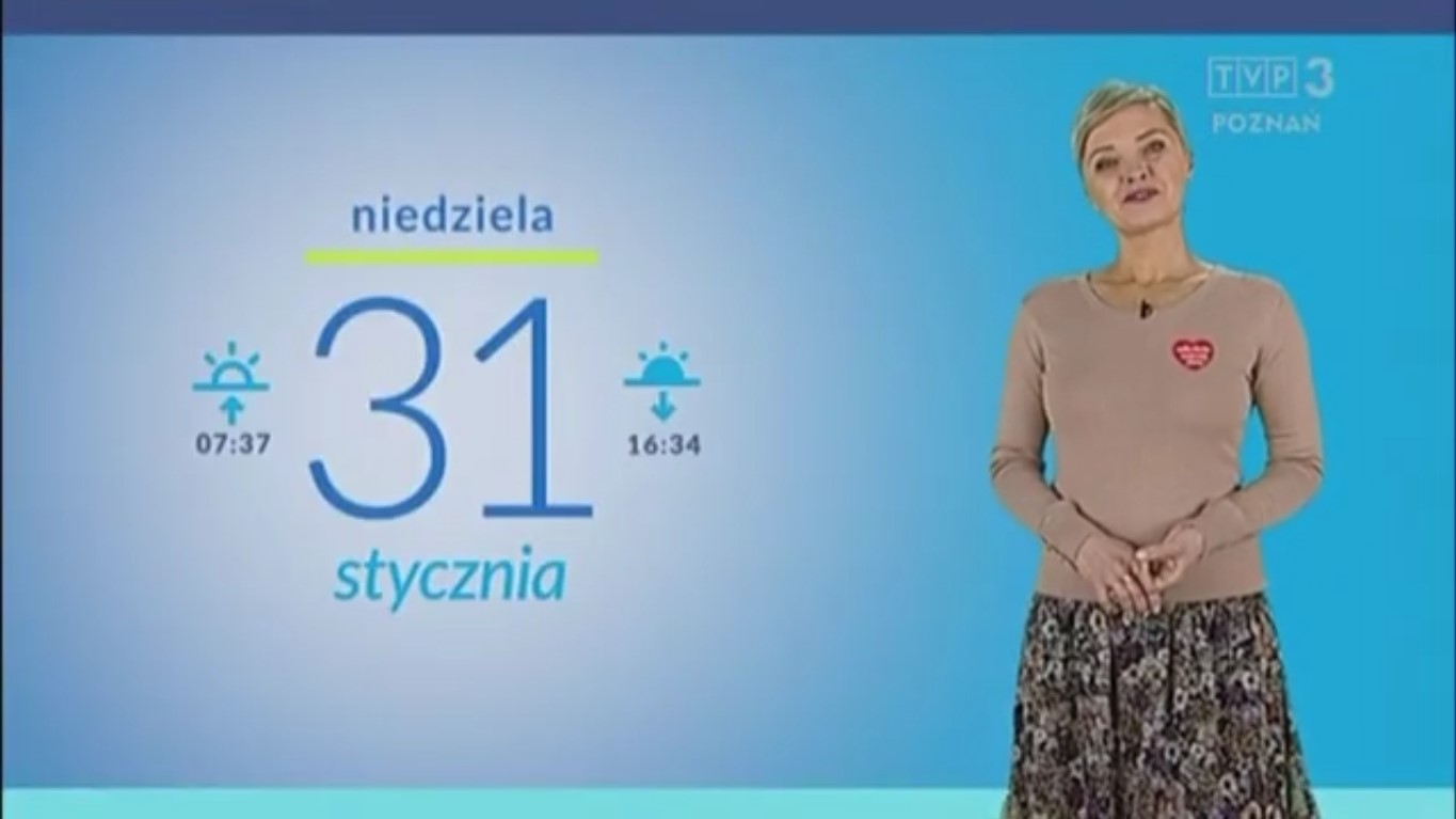 Patrycja Kasperczak wystąpiła przed kamerą TVP z przyklejonym do ubrania czerwonym serduszkiem WOŚP