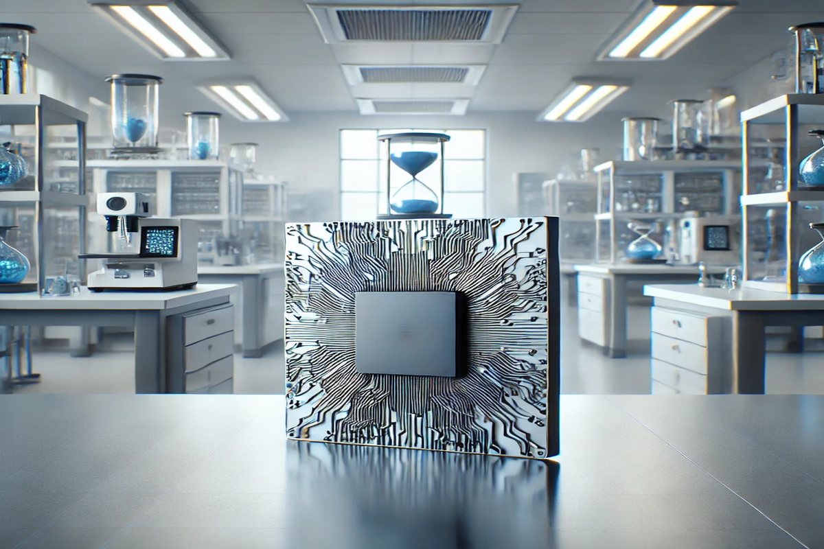 Chip kwantowy Willow w nowoczesnym laboratorium, symbolizujący przełom technologiczny Google w obliczeniach kwantowych. Chip, który wykonał zadanie w 5 minut, co zajęłoby superkomputerowi Frontier 10 septylionów lat