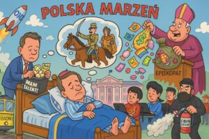 Karykatura: Karol Nawrocki śpi w Belwederze w piżamie z lampasami; w dymku Piłsudski na koniu macha do Napoleona i Aleksandra Wielkiego. Obok biskup Leszkiewicz wysypuje z worka tęczowe banknoty i „Rydzyk TV”, pod nim tramwaj „Episkopat” z zarytymi siedzeniami. Po lewej Szymon Hołownia pakuje walizkę z jajkami „Mam Talent” i kuponami do Lidla; rakieta do ONZ z napisem „Grochówka gratis”