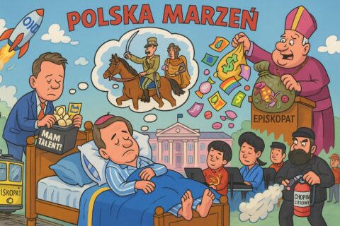 Karykatura: Karol Nawrocki śpi w Belwederze w piżamie z lampasami; w dymku Piłsudski na koniu macha do Napoleona i Aleksandra Wielkiego. Obok biskup Leszkiewicz wysypuje z worka tęczowe banknoty i „Rydzyk TV”, pod nim tramwaj „Episkopat” z zarytymi siedzeniami. Po lewej Szymon Hołownia pakuje walizkę z jajkami „Mam Talent” i kuponami do Lidla; rakieta do ONZ z napisem „Grochówka gratis”
