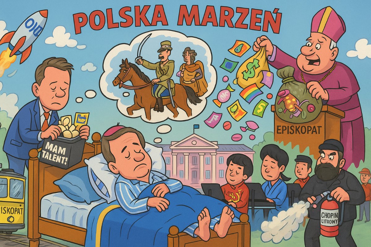 Karykatura: Karol Nawrocki śpi w Belwederze w piżamie z lampasami; w dymku Piłsudski na koniu macha do Napoleona i Aleksandra Wielkiego. Obok biskup Leszkiewicz wysypuje z worka tęczowe banknoty i „Rydzyk TV”, pod nim tramwaj „Episkopat” z zarytymi siedzeniami. Po lewej Szymon Hołownia pakuje walizkę z jajkami „Mam Talent” i kuponami do Lidla; rakieta do ONZ z napisem „Grochówka gratis”