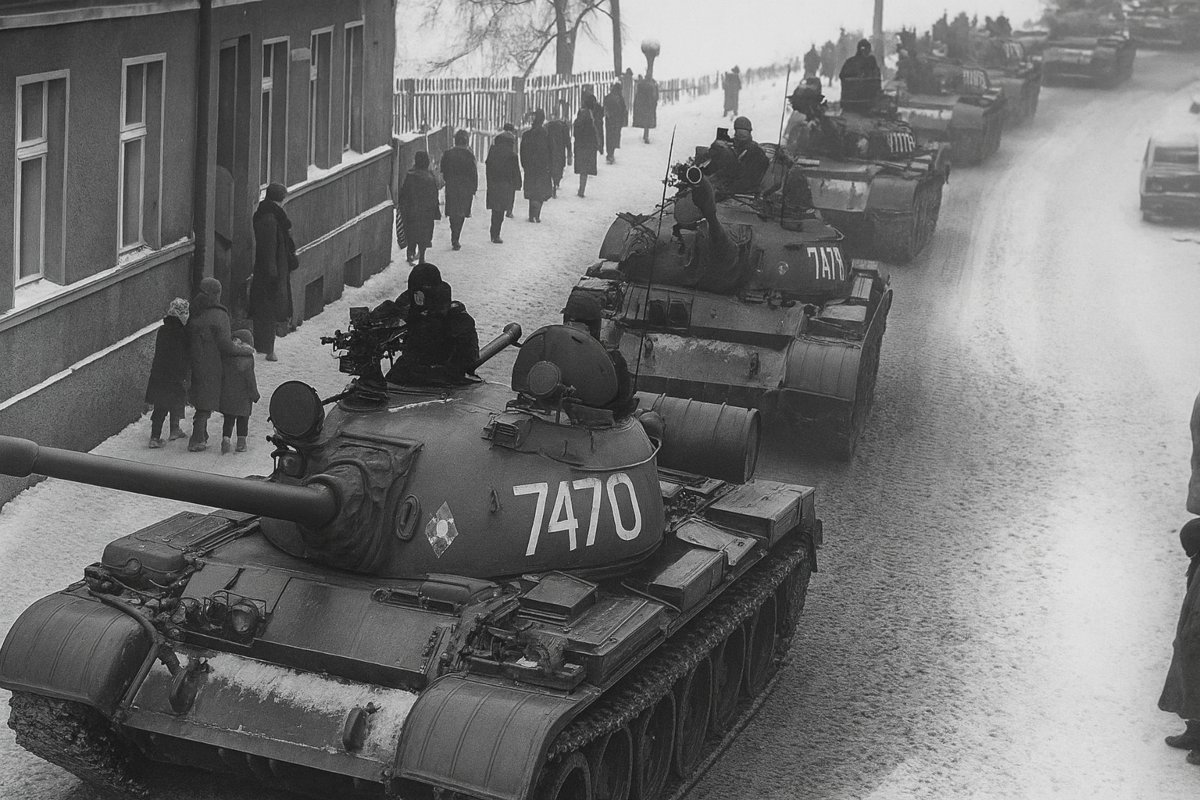 Czołgi T-55 na ulicach Zbąszynia w czasie stanu wojennego