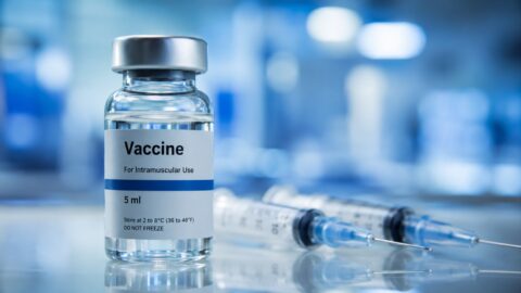 Fiolka ze szczepionką i strzykawki na tle rozmytego motywu firmy farmaceutycznej