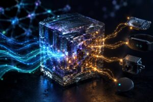 Geometryczny kryształ z liniami energii zasilającymi małe urządzenia IoT, symbolizujący badania nad elektroniką bez baterii