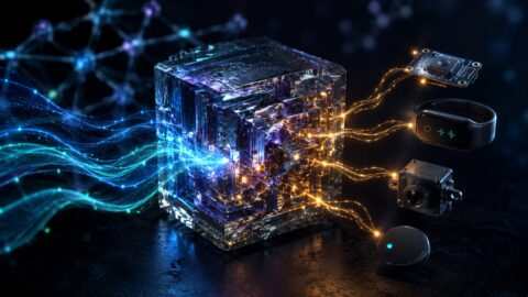 Geometryczny kryształ z liniami energii zasilającymi małe urządzenia IoT, symbolizujący badania nad elektroniką bez baterii