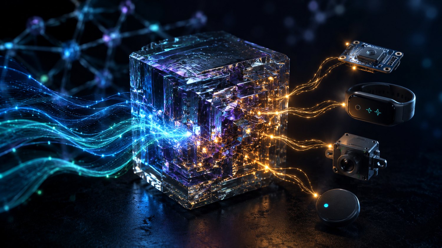 Geometryczny kryształ z liniami energii zasilającymi małe urządzenia IoT, symbolizujący badania nad elektroniką bez baterii