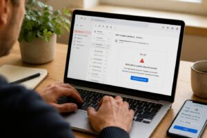 Osoba sprawdza pocztę na laptopie i telefonie, symboliczna scena ostrzegająca przed fałszywymi alertami Gmaila