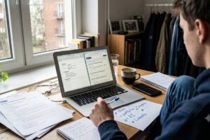 Młoda osoba przegląda CV i oferty pracy na laptopie, obok leżą notatki o stażu, portfolio i LinkedIn