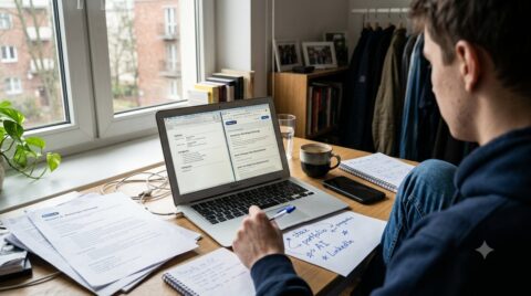Młoda osoba przegląda CV i oferty pracy na laptopie, obok leżą notatki o stażu, portfolio i LinkedIn