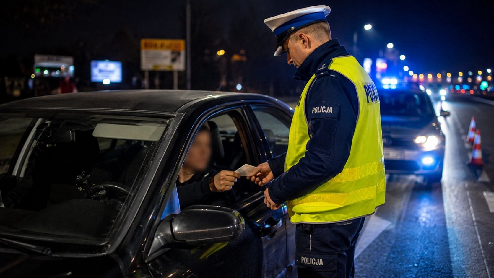 Policjant sprawdza dokumenty kierowcy podczas nocnej kontroli drogowej.