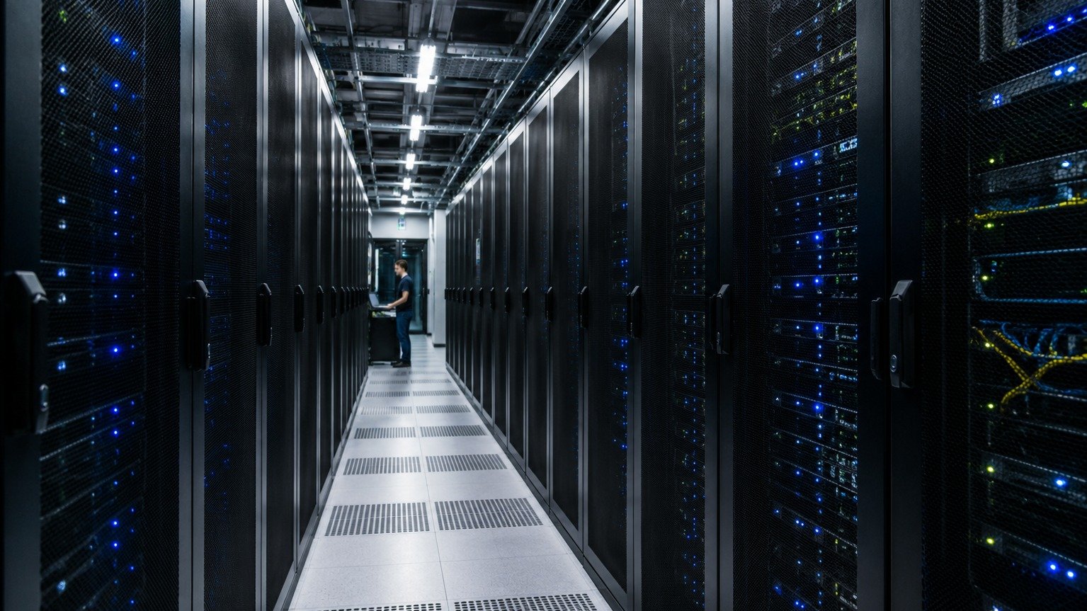 Wnętrze centrum danych symbolizujące atak agenta AI na infrastrukturę Hugging Face