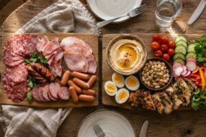 Wędliny, salami, kiełbasa i parówki obok hummusu, jajek, fasoli, pieczonego kurczaka i warzyw.