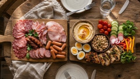 Wędliny, salami, kiełbasa i parówki obok hummusu, jajek, fasoli, pieczonego kurczaka i warzyw.
