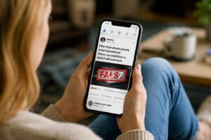Kobieta przegląda na smartfonie fałszywą informację oznaczoną napisem „FAŁSZ”