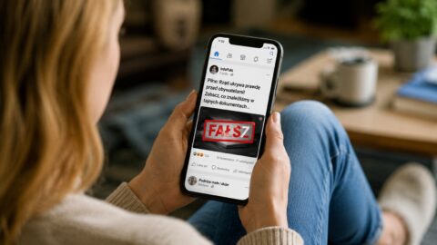 Kobieta przegląda na smartfonie fałszywą informację oznaczoną napisem „FAŁSZ”