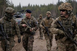 Polscy, francuscy i brytyjscy żołnierze podczas wspólnych ćwiczeń w terenie