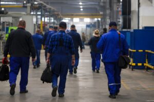 Pracownicy wychodzący po zmianie z zakładu przemysłowego w Polsce