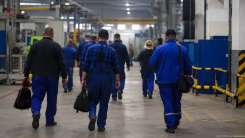 Pracownicy wychodzący po zmianie z zakładu przemysłowego w Polsce