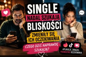 Kobieta i mężczyzna korzystają z telefonów, ilustracja o współczesnym randkowaniu i oczekiwaniach singli.