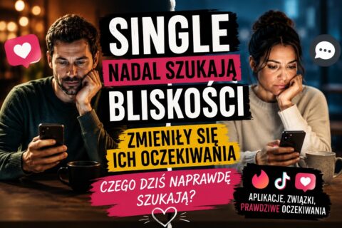 Kobieta i mężczyzna korzystają z telefonów, ilustracja o współczesnym randkowaniu i oczekiwaniach singli.
