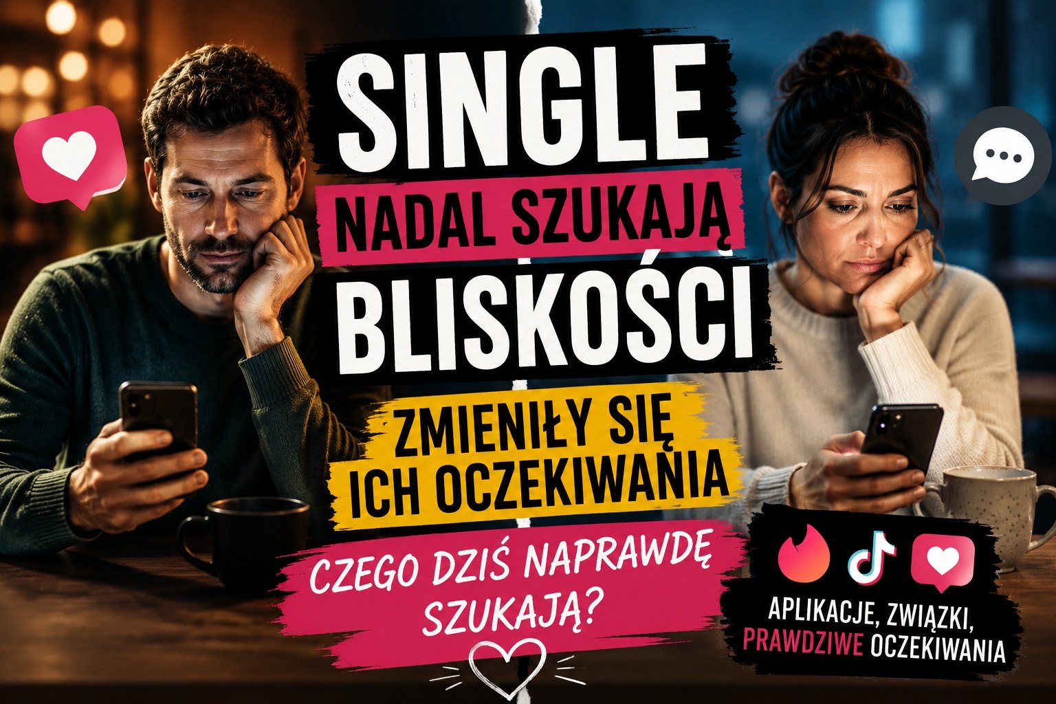 Kobieta i mężczyzna korzystają z telefonów, ilustracja o współczesnym randkowaniu i oczekiwaniach singli.
