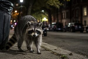 Szop pracz na miejskiej ulicy nocą