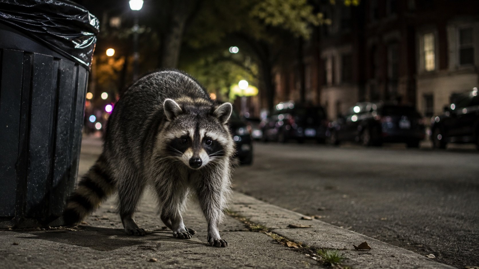 Szop pracz na miejskiej ulicy nocą