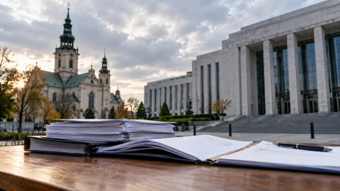 Dokumenty na stole, kościół i budynek publiczny w tle — ilustracja sporu o Fundusz Kościelny